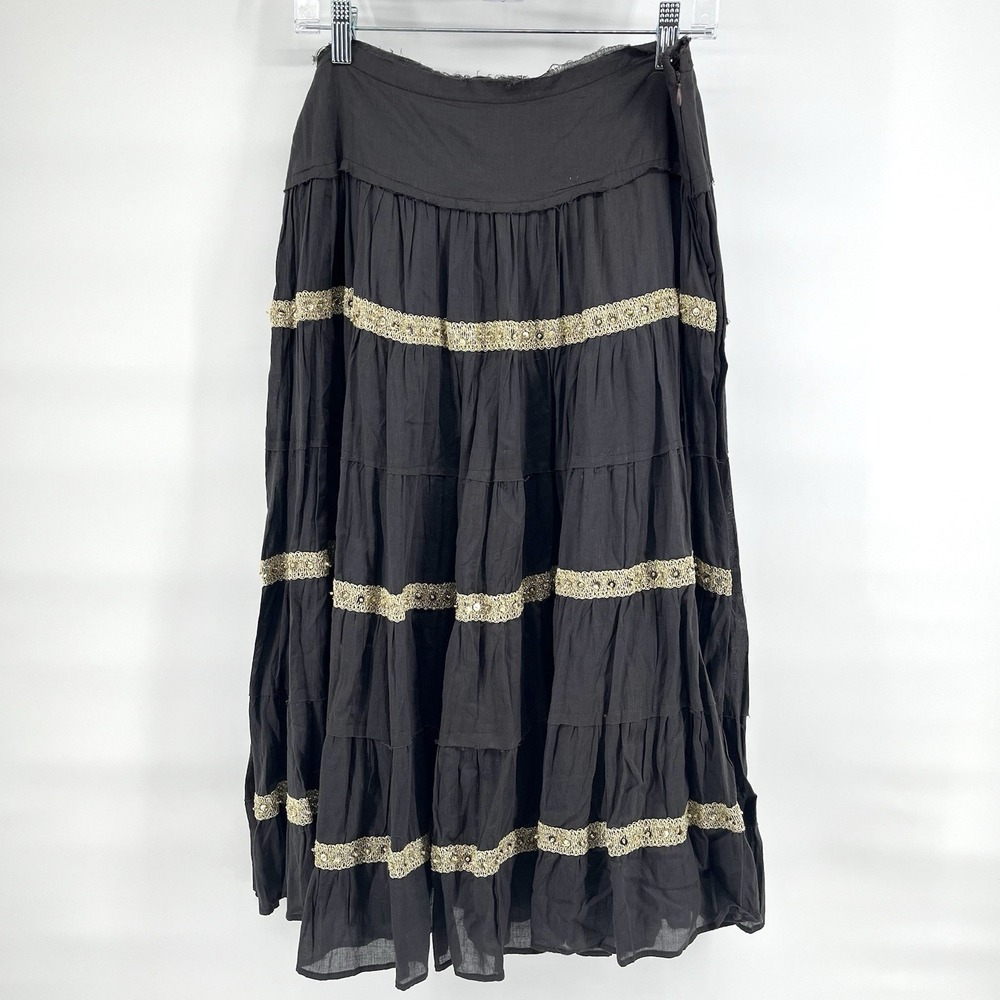 NWT Women's Gray-Brown Tiered Embellished Maxi Skirt Size XL Boho Peasant Y2K